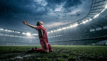 A hyper-realistic, professional photograph in the style of a cinematic sports documentary. The scene is a generic, rain-swept grass pitch inside a vast, empty stadium under dramatic floodlights. In the exact centre of the pitch, a lone, mud-splattered athlete in a simple red kit stands with their arms outstretched, head tilted back towards the dark, stormy sky, a look of pure exhaustion and triumph on their face. The lighting is moody and atmospheric, with a shallow depth of field, focusing intensely on the solitary figure while the stadium tiers blur into the background. The overall mood is one of gritty, epic, and emotional victory against all odds.
