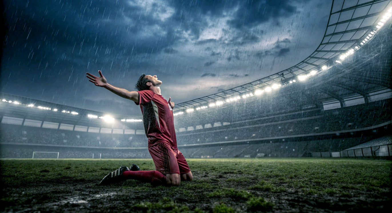 A hyper-realistic, professional photograph in the style of a cinematic sports documentary. The scene is a generic, rain-swept grass pitch inside a vast, empty stadium under dramatic floodlights. In the exact centre of the pitch, a lone, mud-splattered athlete in a simple red kit stands with their arms outstretched, head tilted back towards the dark, stormy sky, a look of pure exhaustion and triumph on their face. The lighting is moody and atmospheric, with a shallow depth of field, focusing intensely on the solitary figure while the stadium tiers blur into the background. The overall mood is one of gritty, epic, and emotional victory against all odds.