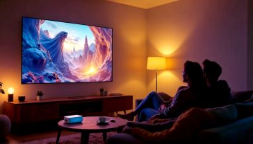 A hyper-realistic, professional photograph in the style of a modern tech magazine. The image captures a cosy, stylish British living room at dusk. An Ameela Smart 4K Projector is subtly placed on a wooden coffee table, projecting a vibrant, sharp image from a popular fantasy film onto a large, plain wall. A couple is sitting on a comfortable grey sofa, engrossed in the movie, with a cup of tea on the table. The lighting is soft and warm, coming from a side lamp, creating an inviting and immersive atmosphere. The overall mood is one of relaxed, premium home entertainment.
