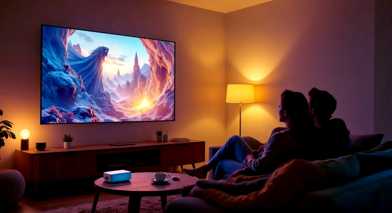 A hyper-realistic, professional photograph in the style of a modern tech magazine. The image captures a cosy, stylish British living room at dusk. An Ameela Smart 4K Projector is subtly placed on a wooden coffee table, projecting a vibrant, sharp image from a popular fantasy film onto a large, plain wall. A couple is sitting on a comfortable grey sofa, engrossed in the movie, with a cup of tea on the table. The lighting is soft and warm, coming from a side lamp, creating an inviting and immersive atmosphere. The overall mood is one of relaxed, premium home entertainment.