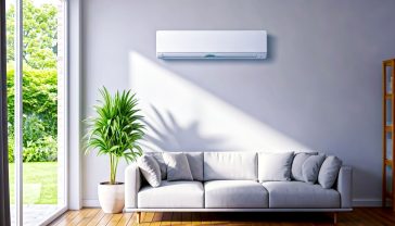 A hyper-realistic, professional photograph capturing a bright, modern British living room on a sunny summer day. Sunlight streams through a large window showing a leafy green garden outside. The room is tidy and stylish, with a comfortable sofa and a bookshelf. Mounted discreetly on the main wall is a sleek, minimalist white split-system air conditioner unit. The overall mood is cool, calm, and serene, perfectly conveying the feeling of a comfortable oasis away from the heat. The style should be clean and aspirational, like a feature in Livingetc or Grand Designs Magazine.