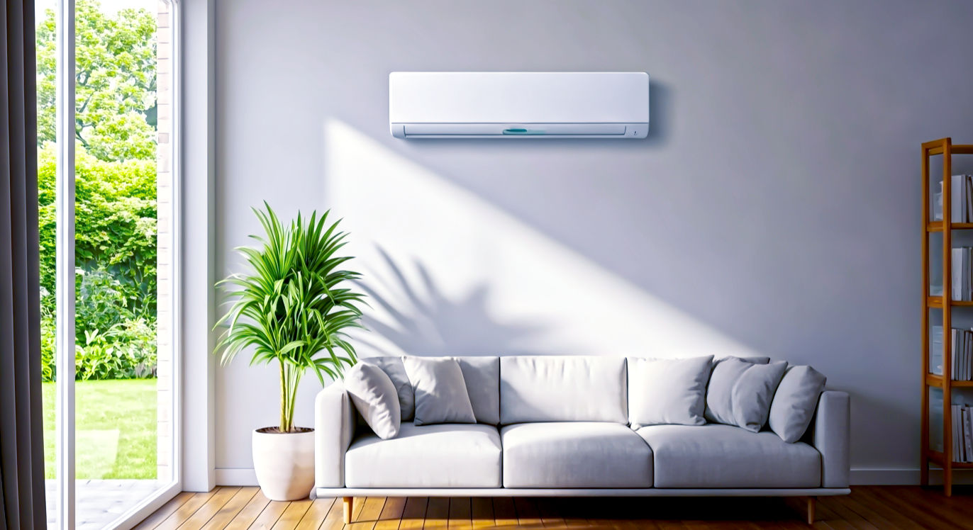 A hyper-realistic, professional photograph capturing a bright, modern British living room on a sunny summer day. Sunlight streams through a large window showing a leafy green garden outside. The room is tidy and stylish, with a comfortable sofa and a bookshelf. Mounted discreetly on the main wall is a sleek, minimalist white split-system air conditioner unit. The overall mood is cool, calm, and serene, perfectly conveying the feeling of a comfortable oasis away from the heat. The style should be clean and aspirational, like a feature in Livingetc or Grand Designs Magazine.