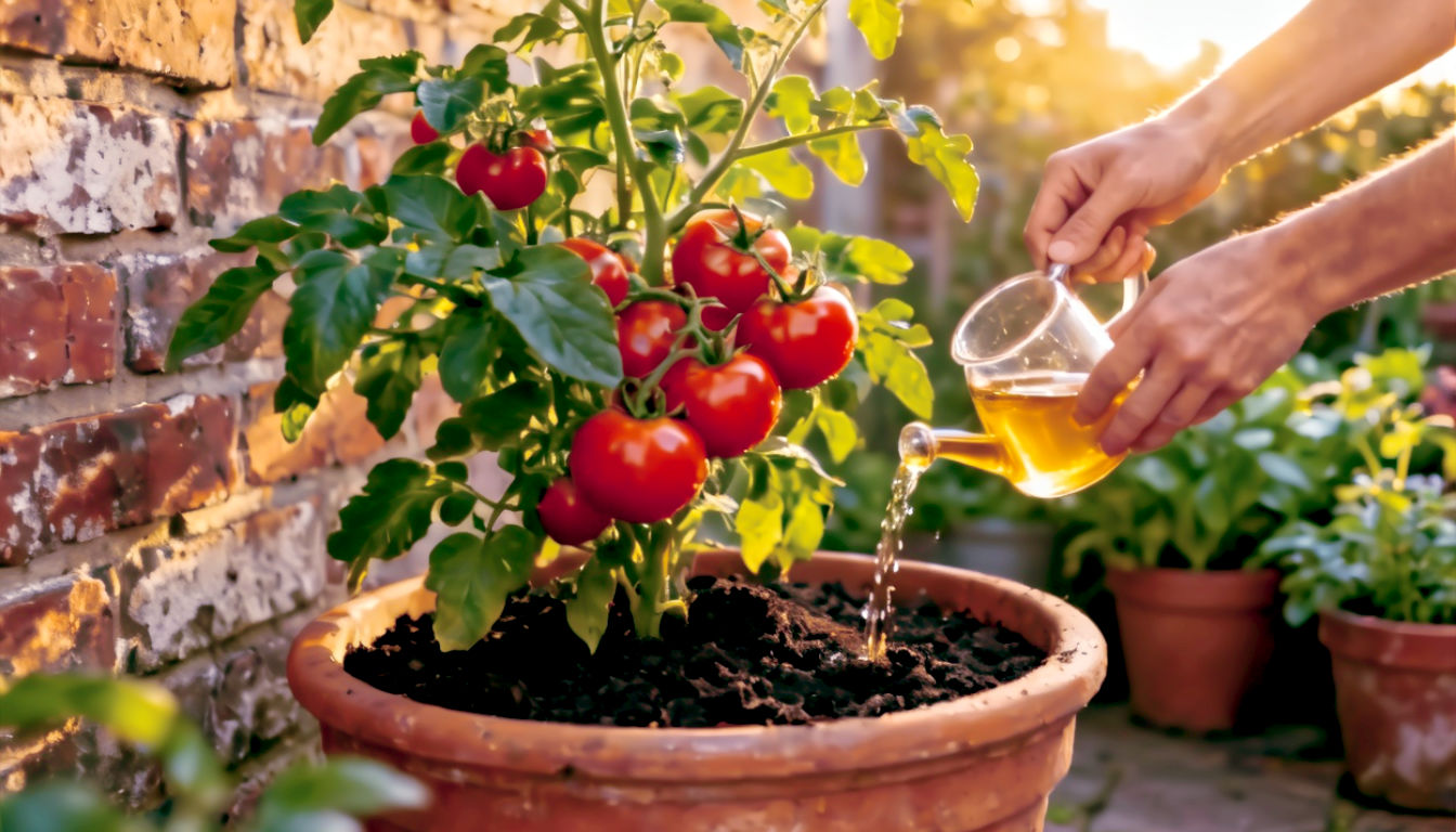 A hyper-realistic, professional photograph in the style of a Country Living magazine feature. The image captures a pair of hands tending to a lush, thriving tomato plant in a large terracotta pot on a sunny British patio. One hand is using a small watering can to pour a slightly golden liquid (representing diluted Bokashi tea) onto the soil at the base of the plant. The plant itself is laden with glossy, ripening red tomatoes and vibrant green leaves. The scene is bathed in warm, late-afternoon sunlight, creating a golden glow. The background shows a charming, slightly weathered brick wall and other healthy potted plants. The mood is bountiful, rewarding, and sustainable.