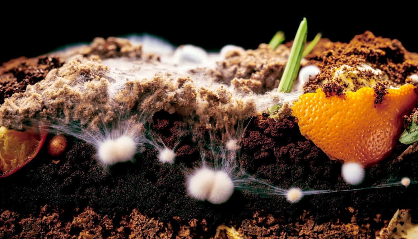 A hyper-realistic macro photograph, styled for a science feature in a high-end magazine like BBC Focus. The image is a pristine cross-section view of the top layers inside a Bokashi bin. We see recognisable food scraps—a vibrant orange peel, dark coffee grounds, a green herb stalk—lightly coated in Bokashi bran. A delicate, healthy network of white mycelium (yeast) is visibly growing on the surface, signifying successful fermentation. The lighting is bright and clean, almost like a laboratory photo, highlighting the textures and making the process look fascinating and sterile, not at all like rot. The mood is scientific, clean, and transformative.