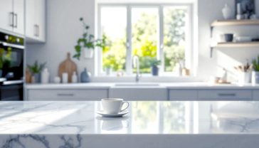 A hyper-realistic, professional photograph of a bright, modern British kitchen. The focus is a stunning kitchen island with a waterfall edge made of sintered stone that looks like Calacatta marble. A porcelain mug of tea sits on the worktop, and sunlight streams in from a window overlooking a green garden. The style is clean and aspirational, like a feature in Livingetc or Grand Designs Magazine.