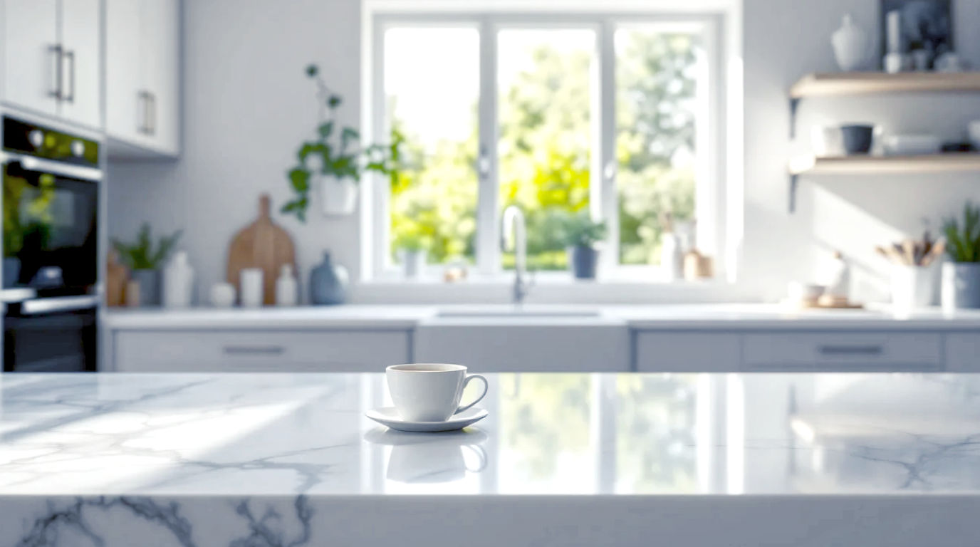 A hyper-realistic, professional photograph of a bright, modern British kitchen. The focus is a stunning kitchen island with a waterfall edge made of sintered stone that looks like Calacatta marble. A porcelain mug of tea sits on the worktop, and sunlight streams in from a window overlooking a green garden. The style is clean and aspirational, like a feature in Livingetc or Grand Designs Magazine.