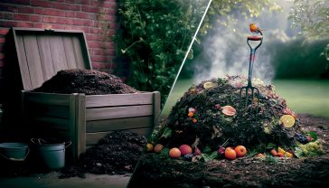 Hyper-realistic photograph in the style of a Gardeners' World magazine feature. A classic British garden scene with a weathered, slatted wooden compost bin on the left, overflowing with rich, dark compost. On the right, a traditional, steaming compost heap made of leaves and garden clippings. A robin is perched on a garden fork stuck in the heap. Soft, overcast morning light, lush green background with a red-brick cottage wall visible. The overall mood evokes a feeling of satisfying, earthy, and sustainable gardening.