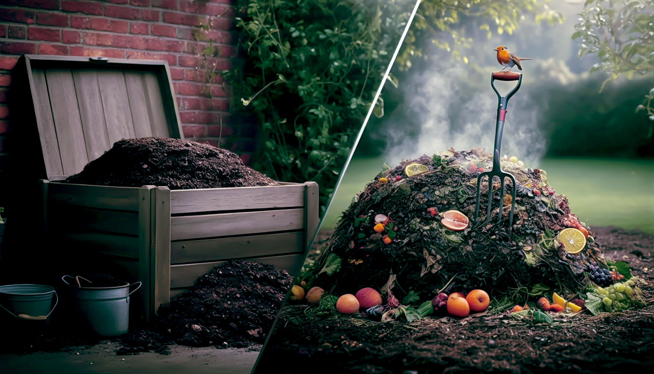 Hyper-realistic photograph in the style of a Gardeners' World magazine feature. A classic British garden scene with a weathered, slatted wooden compost bin on the left, overflowing with rich, dark compost. On the right, a traditional, steaming compost heap made of leaves and garden clippings. A robin is perched on a garden fork stuck in the heap. Soft, overcast morning light, lush green background with a red-brick cottage wall visible. The overall mood evokes a feeling of satisfying, earthy, and sustainable gardening.