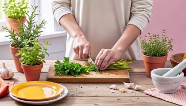 A hyper-realistic, professional food photography shot. A rustic wooden kitchen table is bathed in soft, natural light from a nearby window. In the centre, a pair of hands is finely chopping a vibrant green bunch of flat-leaf parsley on a worn wooden chopping board. Surrounding the board are small terracotta pots containing fresh, dewy rosemary, mint, and thyme plants. A classic pestle and mortar and a few scattered cloves of garlic complete the authentic, homely scene. The mood is fresh, wholesome, and inspiring.