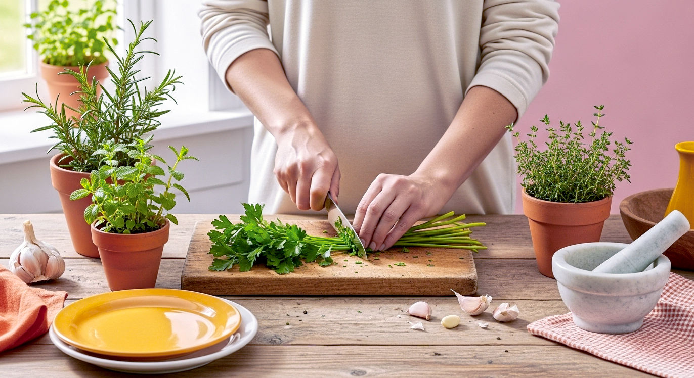 A hyper-realistic, professional food photography shot. A rustic wooden kitchen table is bathed in soft, natural light from a nearby window. In the centre, a pair of hands is finely chopping a vibrant green bunch of flat-leaf parsley on a worn wooden chopping board. Surrounding the board are small terracotta pots containing fresh, dewy rosemary, mint, and thyme plants. A classic pestle and mortar and a few scattered cloves of garlic complete the authentic, homely scene. The mood is fresh, wholesome, and inspiring.