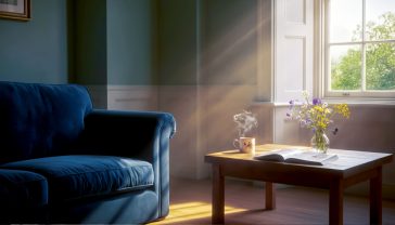 A hyper-realistic, professional photograph in the style of The World of Interiors magazine. The image shows a beautifully balanced British living room. To the left, a comfortable, deep blue velvet sofa is placed against a wall painted in a soft, muted green ('Farrow & Ball' style). Sunlight streams in from a large sash window on the right, illuminating dust motes and casting a warm glow on a natural oak floor. On a low wooden coffee table sits a steaming mug of tea, an open book, and a small vase of wildflowers. The room feels calm, inviting, and effortlessly stylish, perfectly capturing the essence of a psychologically supportive and thoughtfully designed British home. The lighting is soft and natural, creating a serene and peaceful mood.