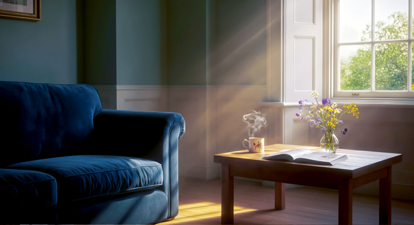 A hyper-realistic, professional photograph in the style of The World of Interiors magazine. The image shows a beautifully balanced British living room. To the left, a comfortable, deep blue velvet sofa is placed against a wall painted in a soft, muted green ('Farrow & Ball' style). Sunlight streams in from a large sash window on the right, illuminating dust motes and casting a warm glow on a natural oak floor. On a low wooden coffee table sits a steaming mug of tea, an open book, and a small vase of wildflowers. The room feels calm, inviting, and effortlessly stylish, perfectly capturing the essence of a psychologically supportive and thoughtfully designed British home. The lighting is soft and natural, creating a serene and peaceful mood.