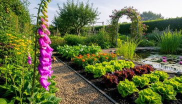 A hyper-realistic photograph in the style of a BBC Gardeners' World feature. The shot is a low-angle, wide view of a lush, beautiful British eco-garden in early summer, bathed in soft morning sunlight. In the foreground, a bee is visiting a purple foxglove, with dew on its petals. The garden is layered and diverse: a winding gravel path leads past a thriving vegetable bed with companion-planted marigolds and lettuces, towards a small, natural-looking pond with waterlilies. In the background, a small apple tree and a rambling rose over a weathered wooden arch can be seen. The overall mood is abundant, peaceful, and full of life, with a rich, natural green and purple colour palette.