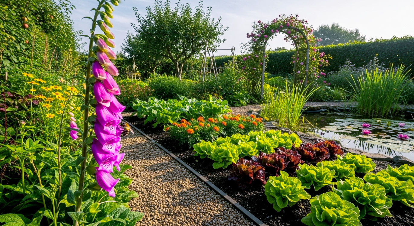 A hyper-realistic photograph in the style of a BBC Gardeners' World feature. The shot is a low-angle, wide view of a lush, beautiful British eco-garden in early summer, bathed in soft morning sunlight. In the foreground, a bee is visiting a purple foxglove, with dew on its petals. The garden is layered and diverse: a winding gravel path leads past a thriving vegetable bed with companion-planted marigolds and lettuces, towards a small, natural-looking pond with waterlilies. In the background, a small apple tree and a rambling rose over a weathered wooden arch can be seen. The overall mood is abundant, peaceful, and full of life, with a rich, natural green and purple colour palette.