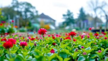 A hyper-realistic, professional photograph in the style of a Gardeners' World magazine feature. The image captures a classic British allotment in early autumn. In the foreground, a raised bed is covered in a lush, vibrant carpet of crimson clover green manure, with a few characteristic red flowers just beginning to bloom. The lighting is soft and slightly overcast, typical of a British morning, making the greens and reds pop. In the background, you can see other allotment plots with runner bean canes and the last of the summer crops. The overall mood is peaceful, productive, and deeply connected to nature and the British gardening tradition.