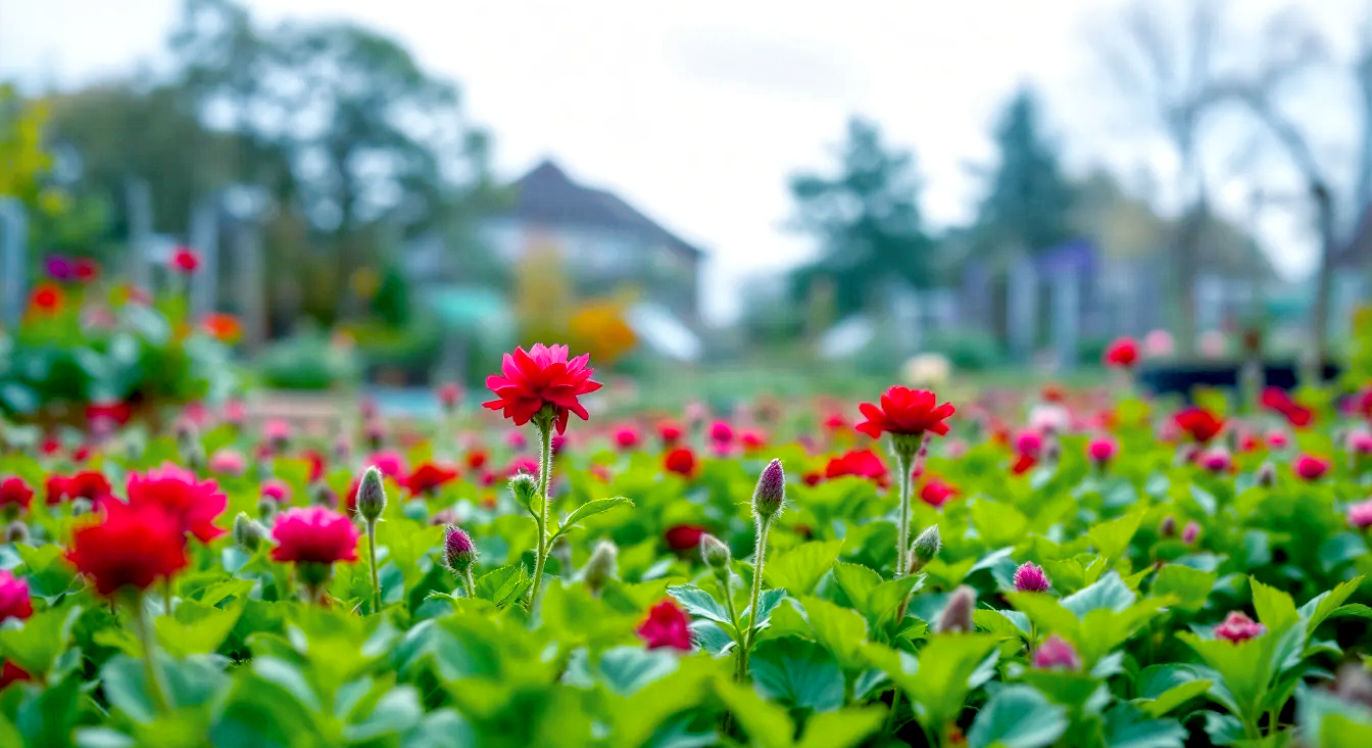 A hyper-realistic, professional photograph in the style of a Gardeners' World magazine feature. The image captures a classic British allotment in early autumn. In the foreground, a raised bed is covered in a lush, vibrant carpet of crimson clover green manure, with a few characteristic red flowers just beginning to bloom. The lighting is soft and slightly overcast, typical of a British morning, making the greens and reds pop. In the background, you can see other allotment plots with runner bean canes and the last of the summer crops. The overall mood is peaceful, productive, and deeply connected to nature and the British gardening tradition.