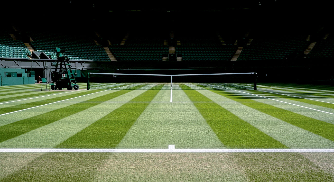 A hyper-realistic, professional photograph from a low angle, looking across the pristine, freshly mown striped lawn of a tennis court. The early morning sun casts long, dramatic shadows. In the background, the iconic dark green stands are empty and quiet, creating a sense of reverence and anticipation. The style should be atmospheric and detailed, evoking the prestige of British sport.