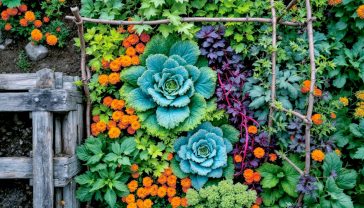 A hyper-realistic photograph in the style of a Gardener's World magazine feature. An overhead shot of a vibrant British allotment in late summer under soft, overcast light. The scene is lush and slightly untamed, showcasing biodiversity. In the centre, a 'no-dig' bed overflows with a mix of curly kale, bright orange marigolds, and ruby-red runner beans climbing up a hazel pole frame. A weathered wooden compost bin is visible in one corner. The mood is peaceful, abundant, and deeply connected to nature, evoking a sense of healthy, sustainable British gardening.