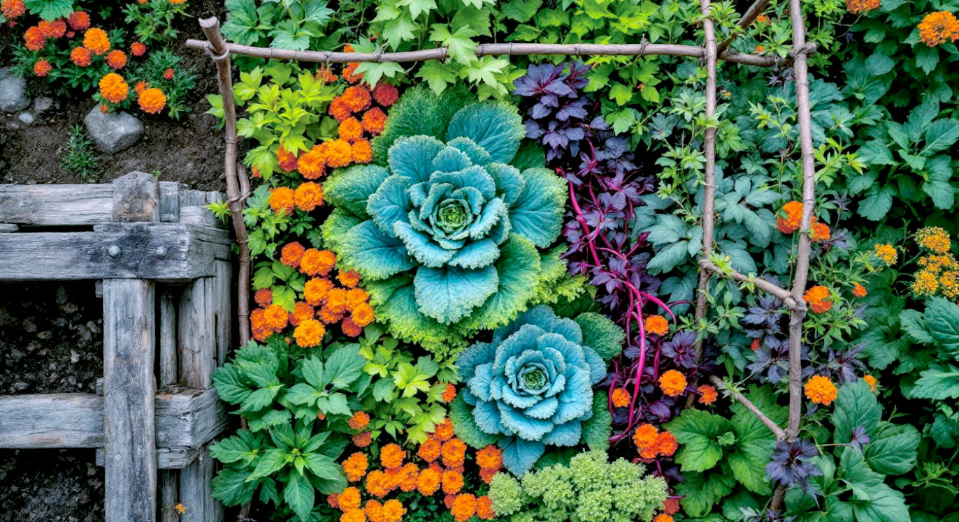 A hyper-realistic photograph in the style of a Gardener's World magazine feature. An overhead shot of a vibrant British allotment in late summer under soft, overcast light. The scene is lush and slightly untamed, showcasing biodiversity. In the centre, a 'no-dig' bed overflows with a mix of curly kale, bright orange marigolds, and ruby-red runner beans climbing up a hazel pole frame. A weathered wooden compost bin is visible in one corner. The mood is peaceful, abundant, and deeply connected to nature, evoking a sense of healthy, sustainable British gardening.