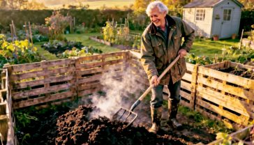 A hyper-realistic photograph in the style of a Gardeners' World magazine feature. A cheerful British gardener in their late 40s, wearing practical gardening clothes (Barbour-style jacket, muddy boots), is smiling with satisfaction while turning a hot compost pile with a pitchfork. Steam is visibly rising from the dark, crumbly compost. The scene is set in a lush, green British allotment in the soft light of an early autumn morning. In the background, there's a well-made wooden pallet compost bin system and a classic garden shed. The mood is earthy, wholesome, and productive.