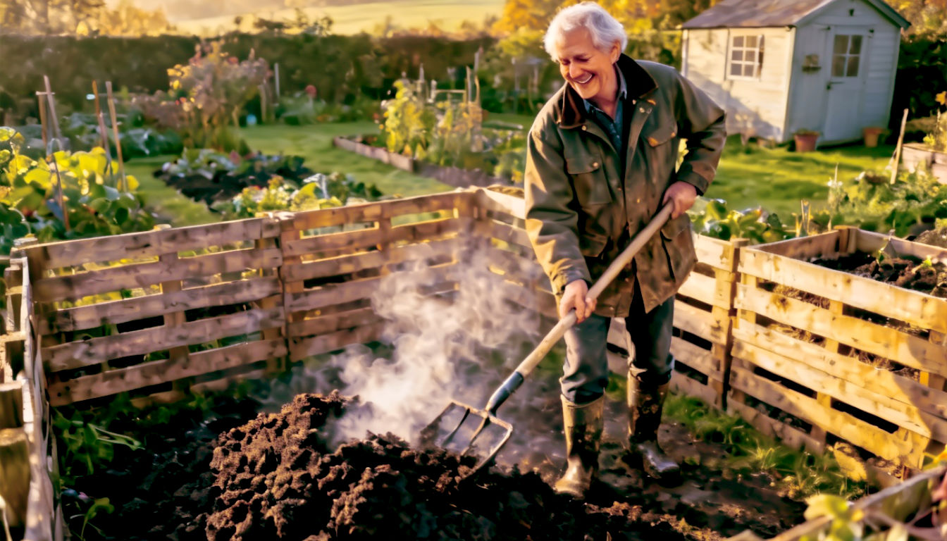 A hyper-realistic photograph in the style of a Gardeners' World magazine feature. A cheerful British gardener in their late 40s, wearing practical gardening clothes (Barbour-style jacket, muddy boots), is smiling with satisfaction while turning a hot compost pile with a pitchfork. Steam is visibly rising from the dark, crumbly compost. The scene is set in a lush, green British allotment in the soft light of an early autumn morning. In the background, there's a well-made wooden pallet compost bin system and a classic garden shed. The mood is earthy, wholesome, and productive.