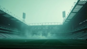 A dramatic, hyper-realistic, black-and-white photograph in the style of a classic sports report. It shows the iconic Twin Towers of the old Wembley Stadium, viewed from the pitch level on a misty afternoon. The stands are empty but seem to echo with the ghosts of past crowds. The lighting is low and atmospheric, casting long shadows. The mood is one of nostalgic grandeur and solemn memory, capturing the soul of a legendary lost venue.