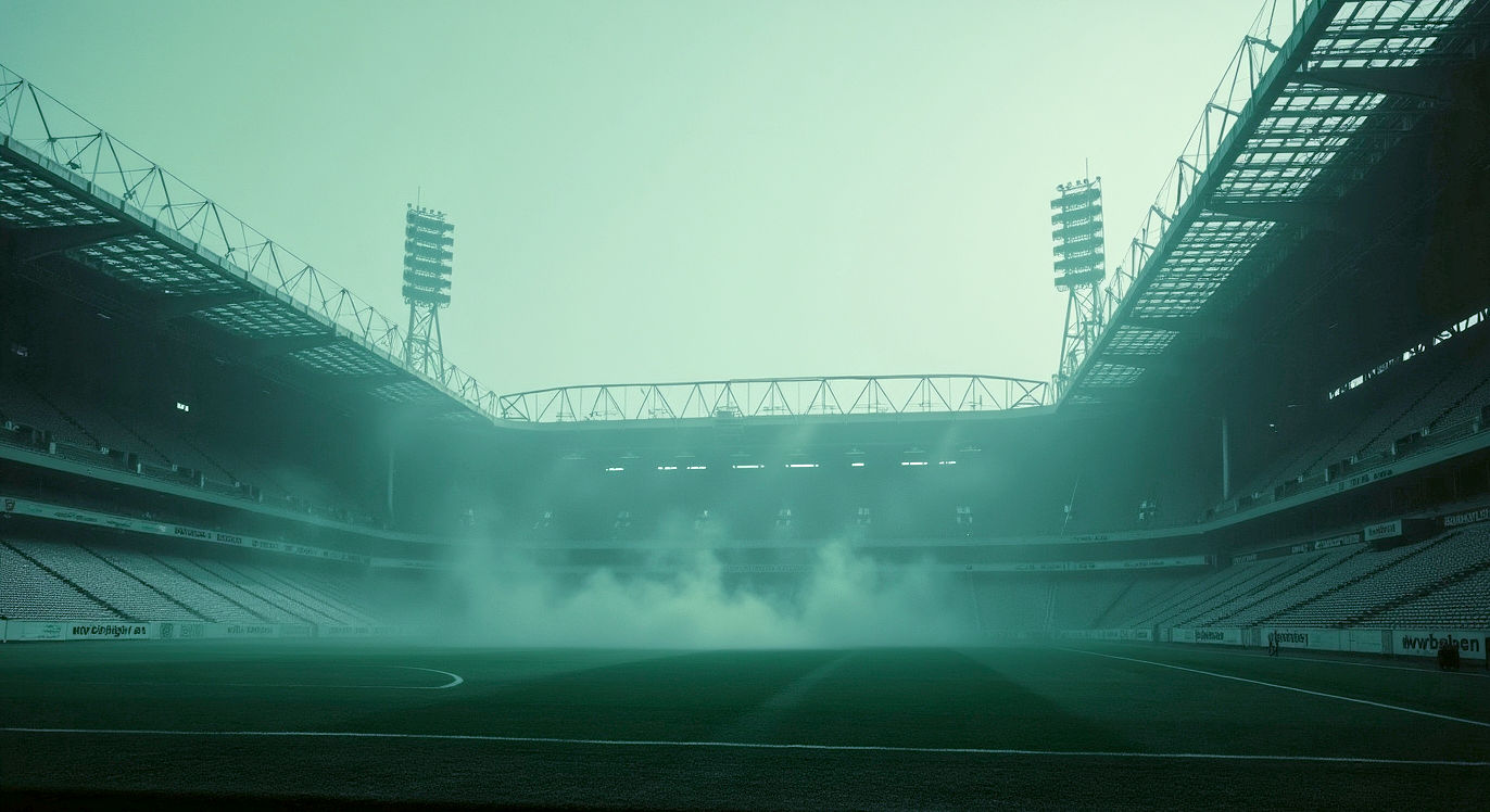 A dramatic, hyper-realistic, black-and-white photograph in the style of a classic sports report. It shows the iconic Twin Towers of the old Wembley Stadium, viewed from the pitch level on a misty afternoon. The stands are empty but seem to echo with the ghosts of past crowds. The lighting is low and atmospheric, casting long shadows. The mood is one of nostalgic grandeur and solemn memory, capturing the soul of a legendary lost venue.