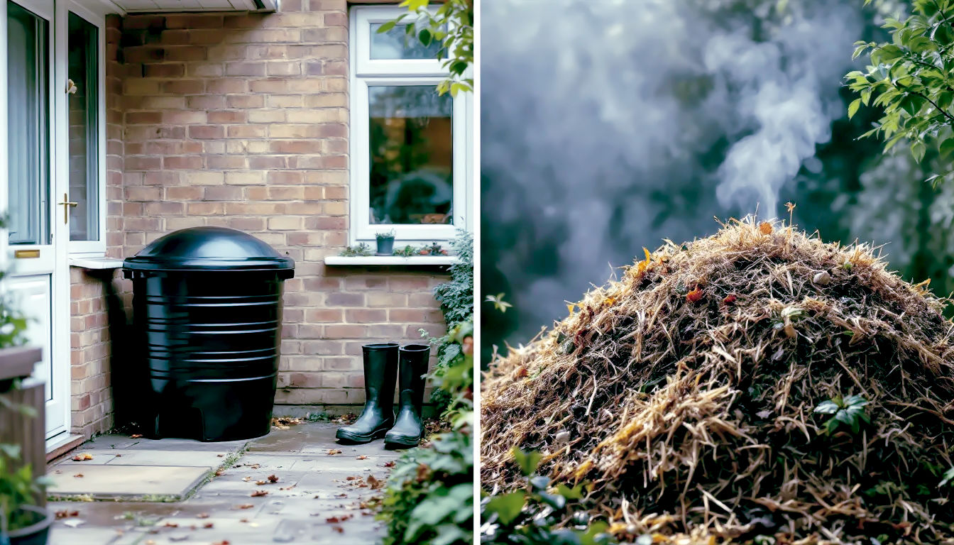 A hyper-realistic, side-by-side comparison photograph in the style of a Country Life magazine feature. The left side of the image shows a neat, black, bee-hive shaped plastic compost bin sitting tidily on a small patio beside the back door of a terraced house; a pair of muddy wellington boots stands next to it. The right side of the image depicts the bottom of a large, rambling allotment garden, featuring a sprawling, organic compost heap made of straw, vegetable tops, and leaves, with a faint wisp of steam rising from its centre. The lighting is soft, diffused daylight, typical of a British morning. The mood is one of clear contrast: orderly domesticity versus wild, productive chaos.