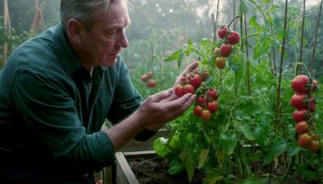 A hyper-realistic photograph in the style of a Gardener's World feature. A middle-aged gardener with weathered hands is gently inspecting a lush, healthy tomato plant laden with ripening fruit in a classic British allotment setting. Soft, early morning light filters through, highlighting dewdrops on the leaves. In the background, there are other thriving vegetable beds and a well-maintained compost bin, creating a sense of natural abundance and sustainable practice. The mood is peaceful, hopeful, and deeply connected to the earth.
