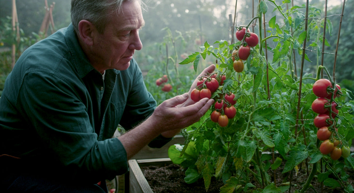 A hyper-realistic photograph in the style of a Gardener's World feature. A middle-aged gardener with weathered hands is gently inspecting a lush, healthy tomato plant laden with ripening fruit in a classic British allotment setting. Soft, early morning light filters through, highlighting dewdrops on the leaves. In the background, there are other thriving vegetable beds and a well-maintained compost bin, creating a sense of natural abundance and sustainable practice. The mood is peaceful, hopeful, and deeply connected to the earth.