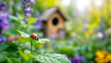 A hyper-realistic, professional photograph capturing a quintessentially British garden in late spring. In the foreground, a vibrant red ladybird crawls on a green leaf dotted with a few aphids. In the soft-focus background, a mixture of colourful cottage garden flowers like lavender and foxgloves are visible, with a small, charming bug hotel partially seen. The lighting is soft and natural, evoking a sense of a balanced, thriving ecosystem. Style of a BBC Gardeners' World feature.