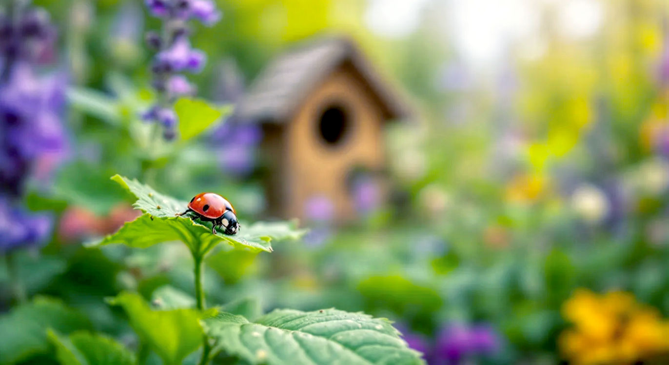 A hyper-realistic, professional photograph capturing a quintessentially British garden in late spring. In the foreground, a vibrant red ladybird crawls on a green leaf dotted with a few aphids. In the soft-focus background, a mixture of colourful cottage garden flowers like lavender and foxgloves are visible, with a small, charming bug hotel partially seen. The lighting is soft and natural, evoking a sense of a balanced, thriving ecosystem. Style of a BBC Gardeners' World feature.