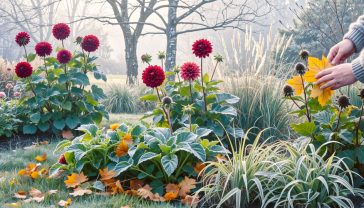 A hyper-realistic photograph in the style of a BBC Gardeners' World feature. The image captures a quintessential British garden at the cusp of autumn and winter. In the foreground, a gardener's hands are gently clearing fallen golden leaves from around the base of frost-kissed Sedum 'Autumn Joy' and the skeletal seed heads of grasses. In the mid-ground, the last of the deep red dahlias are still in bloom, while the background shows the misty, soft light of a late autumn morning filtering through the bare branches of a silver birch tree. The mood is peaceful, thoughtful, and captures the beauty of seasonal change. The lighting should be soft and natural, with a warm, golden-hour feel.