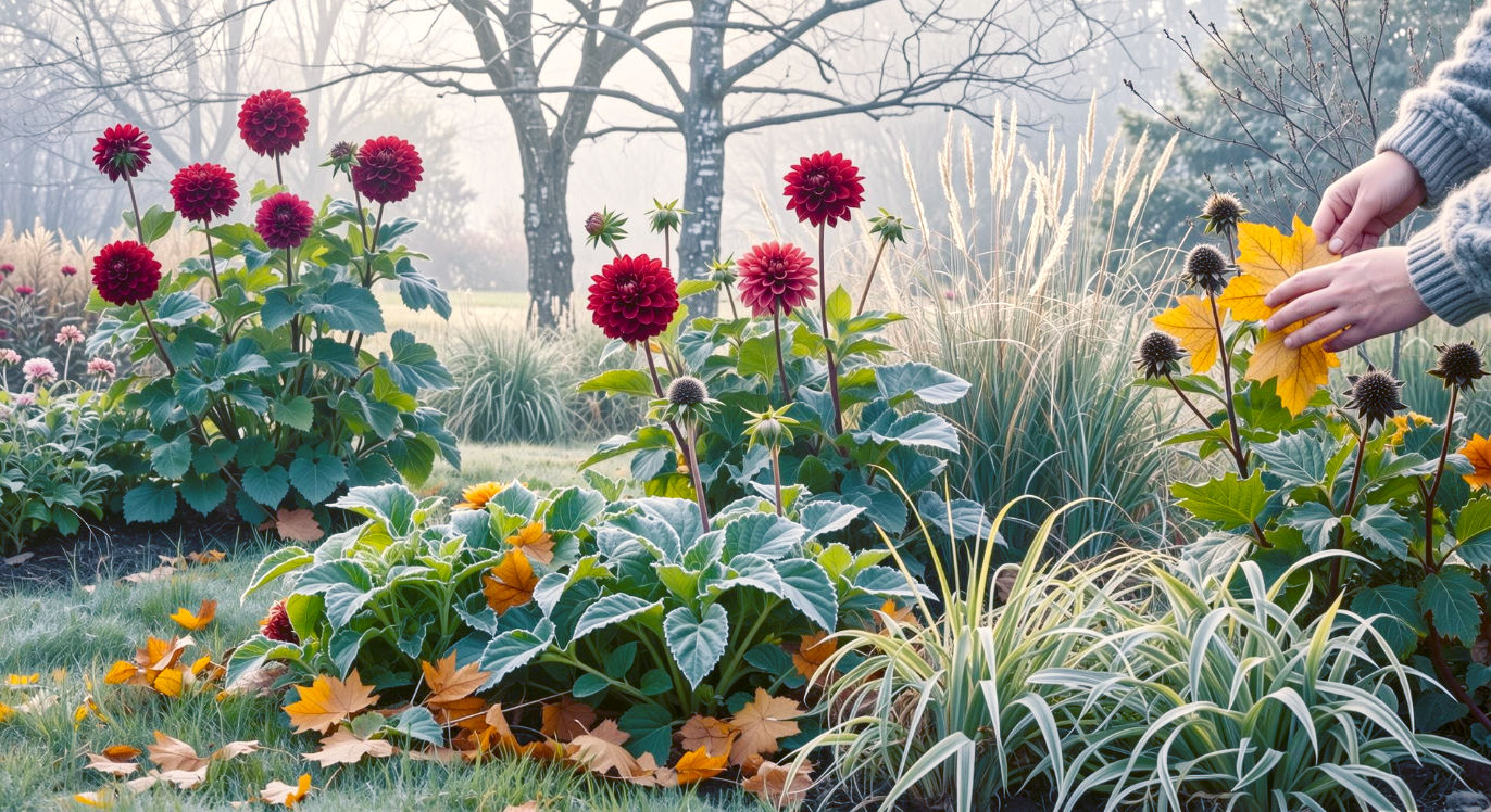 A hyper-realistic photograph in the style of a BBC Gardeners' World feature. The image captures a quintessential British garden at the cusp of autumn and winter. In the foreground, a gardener's hands are gently clearing fallen golden leaves from around the base of frost-kissed Sedum 'Autumn Joy' and the skeletal seed heads of grasses. In the mid-ground, the last of the deep red dahlias are still in bloom, while the background shows the misty, soft light of a late autumn morning filtering through the bare branches of a silver birch tree. The mood is peaceful, thoughtful, and captures the beauty of seasonal change. The lighting should be soft and natural, with a warm, golden-hour feel.