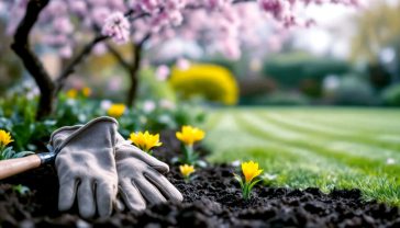 A hyper-realistic, professional photograph in the style of a Gardeners' World magazine feature. The image captures a classic British garden waking up in early spring. In the foreground, a pair of weathered gardening gloves and a traditional wooden-handled trowel rest on the edge of a newly prepared flower bed with dark, rich, crumbly soil. A few bright yellow primroses are freshly planted. In the background, a lush green lawn with neat stripes is visible, with a cherry blossom tree just beginning to bloom with delicate pink flowers under a soft, overcast British sky. The lighting is gentle and diffused, evoking a cool but hopeful morning in late March. The mood is one of peaceful anticipation and the satisfying promise of the season ahead.