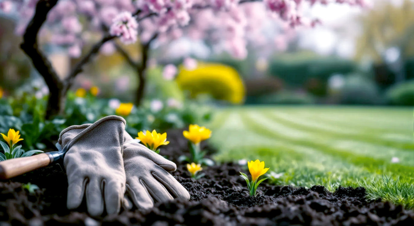 A hyper-realistic, professional photograph in the style of a Gardeners' World magazine feature. The image captures a classic British garden waking up in early spring. In the foreground, a pair of weathered gardening gloves and a traditional wooden-handled trowel rest on the edge of a newly prepared flower bed with dark, rich, crumbly soil. A few bright yellow primroses are freshly planted. In the background, a lush green lawn with neat stripes is visible, with a cherry blossom tree just beginning to bloom with delicate pink flowers under a soft, overcast British sky. The lighting is gentle and diffused, evoking a cool but hopeful morning in late March. The mood is one of peaceful anticipation and the satisfying promise of the season ahead.