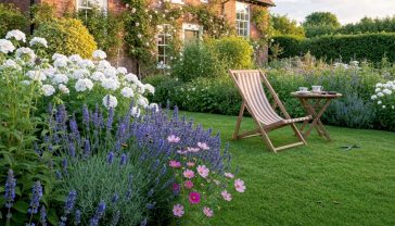 A hyper-realistic, professional photograph in the style of a Gardens Illustrated magazine feature. The image captures a quintessential British garden in the peak of summer under the soft, golden light of a late afternoon. In the foreground, a beautifully planted herbaceous border spills over a neat lawn, featuring a mix of lavender, deep blue salvias, pink cosmos, and fluffy white geraniums, all buzzing with bees. In the mid-ground, a classic wooden deckchair sits on the lawn next to a small table with a cup of tea and a pair of secateurs. The background shows a traditional red-brick house partially covered in climbing roses. The overall mood is peaceful, abundant, and slightly nostalgic, evoking the charm of a perfect British summer's day.