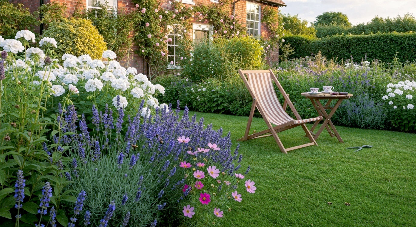 A hyper-realistic, professional photograph in the style of a Gardens Illustrated magazine feature. The image captures a quintessential British garden in the peak of summer under the soft, golden light of a late afternoon. In the foreground, a beautifully planted herbaceous border spills over a neat lawn, featuring a mix of lavender, deep blue salvias, pink cosmos, and fluffy white geraniums, all buzzing with bees. In the mid-ground, a classic wooden deckchair sits on the lawn next to a small table with a cup of tea and a pair of secateurs. The background shows a traditional red-brick house partially covered in climbing roses. The overall mood is peaceful, abundant, and slightly nostalgic, evoking the charm of a perfect British summer's day.