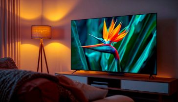 A hyper-realistic, professional photograph capturing a modern, stylish British living room at dusk. The main focus is a large, ultra-thin 65-inch 4K TV displaying a stunningly vibrant and detailed nature documentary scene, like a colourful bird of paradise. The lighting is soft and warm from a nearby floor lamp, creating a cosy, inviting mood. You can see part of a comfortable sofa with a knitted throw blanket. The overall aesthetic is clean, sophisticated, and aspirational, evoking the perfect evening in with top-tier home entertainment.