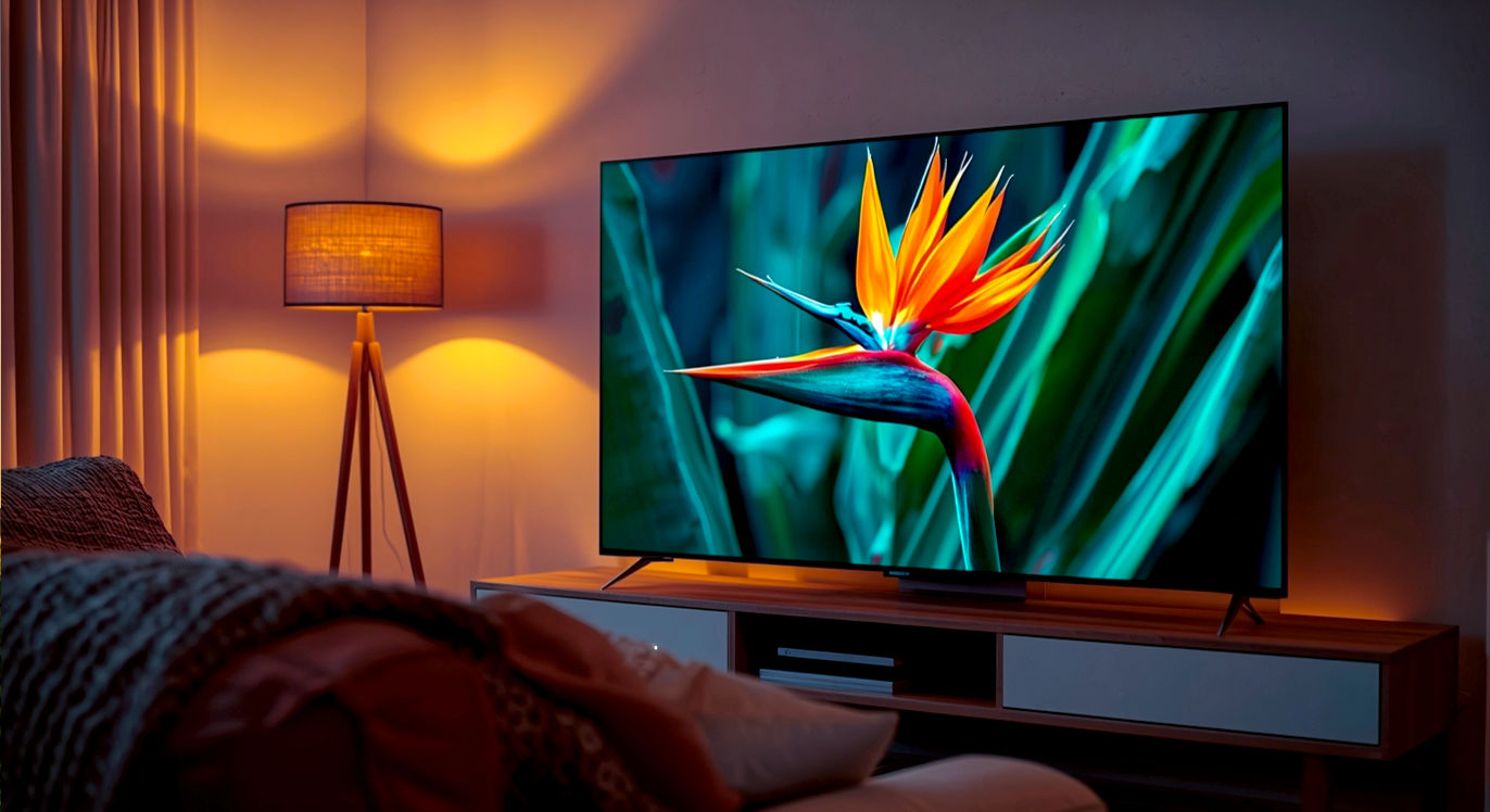 A hyper-realistic, professional photograph capturing a modern, stylish British living room at dusk. The main focus is a large, ultra-thin 65-inch 4K TV displaying a stunningly vibrant and detailed nature documentary scene, like a colourful bird of paradise. The lighting is soft and warm from a nearby floor lamp, creating a cosy, inviting mood. You can see part of a comfortable sofa with a knitted throw blanket. The overall aesthetic is clean, sophisticated, and aspirational, evoking the perfect evening in with top-tier home entertainment.