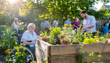 Hyper-realistic photograph, Country Life magazine style. A diverse group of people are cheerfully tending to a vibrant, accessible community garden in a British city. In the foreground, an older woman in a wheelchair and a young man work together at a raised wooden flower bed. Soft, morning sunlight filters through nearby trees, illuminating the scene with a warm, hopeful glow. The mood is calm, collaborative, and uplifting.