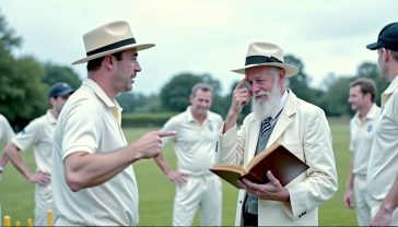 A hyper-realistic, professional photograph in the style of a classic Getty Images sports shot. The image captures a moment of beautiful confusion on a quintessentially British village cricket green. In the foreground, a batsman in traditional whites looks utterly bewildered, pointing at the umpire. The umpire, an elderly gentleman in a white coat and hat, is scratching his head, looking down at an ancient, leather-bound rulebook. In the background, players from the fielding side are gathered, shrugging and looking equally confused under a cloudy British summer sky. The lighting is soft and natural, evoking a timeless, slightly humorous feel. The mood is one of light-hearted bafflement, perfectly capturing the spirit of bizarre sporting laws.