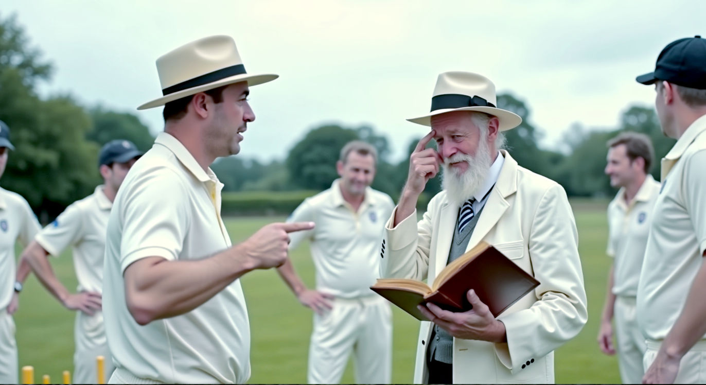 A hyper-realistic, professional photograph in the style of a classic Getty Images sports shot. The image captures a moment of beautiful confusion on a quintessentially British village cricket green. In the foreground, a batsman in traditional whites looks utterly bewildered, pointing at the umpire. The umpire, an elderly gentleman in a white coat and hat, is scratching his head, looking down at an ancient, leather-bound rulebook. In the background, players from the fielding side are gathered, shrugging and looking equally confused under a cloudy British summer sky. The lighting is soft and natural, evoking a timeless, slightly humorous feel. The mood is one of light-hearted bafflement, perfectly capturing the spirit of bizarre sporting laws.