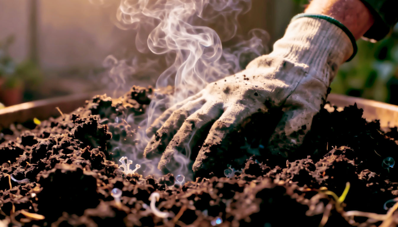 A macro photograph in the style of a BBC science documentary. The shot is a close-up of a gardener's gloved hand plunging deep into the centre of a hot compost pile. Wisps of steam curl visibly around the glove and the dark, crumbly compost, illustrating the intense heat generated by microbes. The lighting is dramatic and focused, highlighting the rich textures of the compost and the rising vapour. The mood is one of scientific discovery and tangible, natural power.