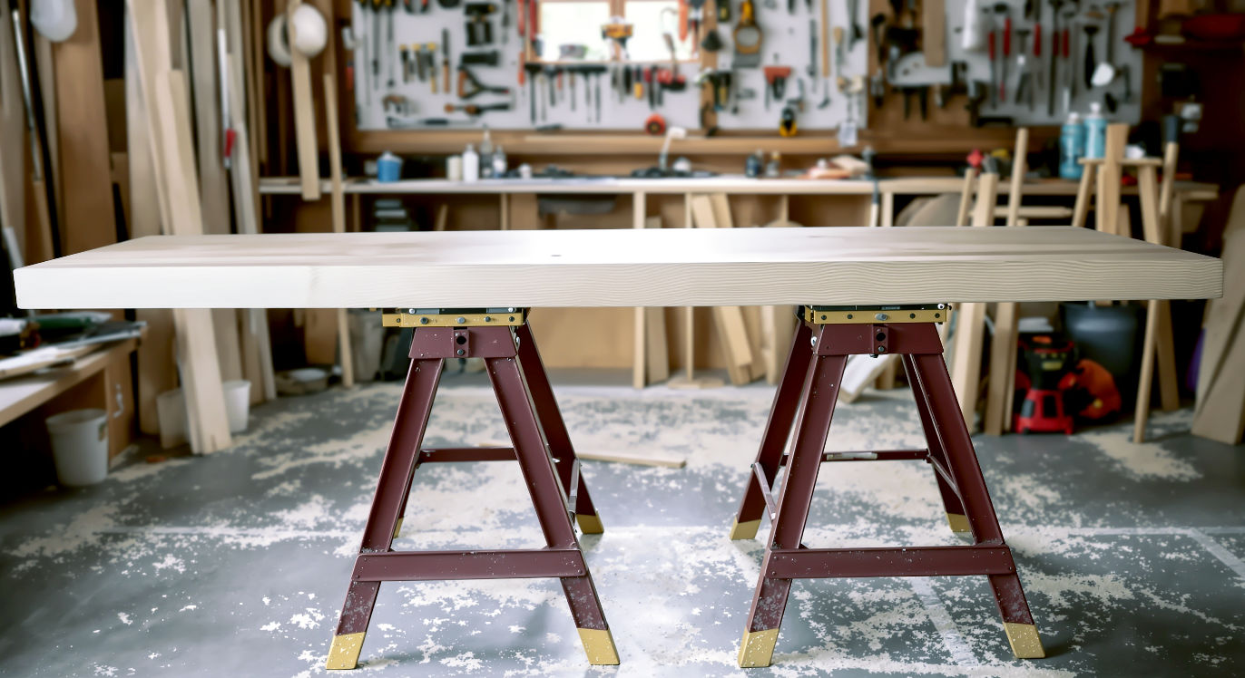 A hyper-realistic photograph in the style of a classic British workshop manual. A pair of sturdy, modern steel sawhorses stands on a clean concrete floor, supporting a beautifully grained piece of oak. Sawdust is lightly scattered around. Soft, natural light streams in from a nearby window, highlighting the tools on a pegboard in the background. The mood is one of craftsmanship, potential, and readiness.