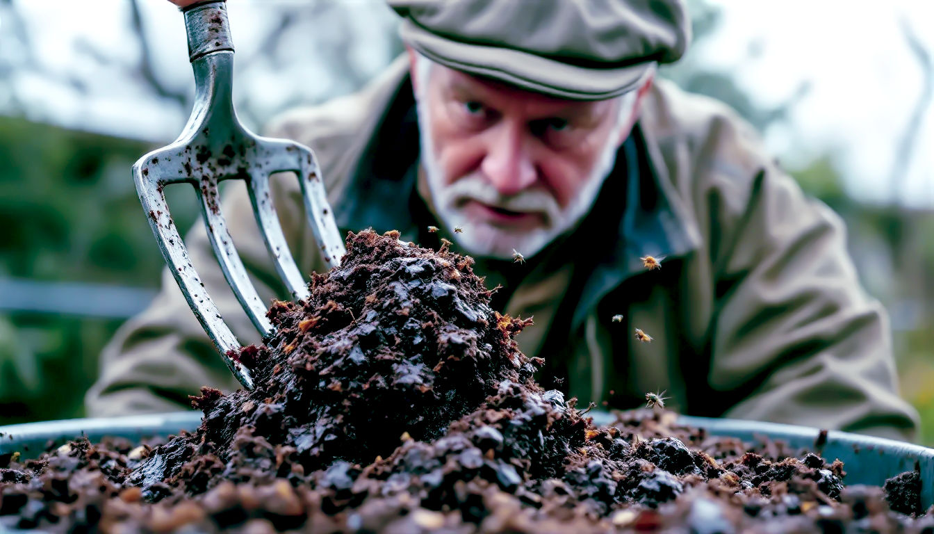 A hyper-realistic, candid photograph in the style of a Gardeners' World magazine problem page. A middle-aged gardener in a flat cap and durable clothes looks down into their compost bin with a comically frustrated expression. They are holding a garden fork, which has just lifted a clump of smelly, slimy, and overly-wet compost, with a few fruit flies buzzing around it. The shot is a medium close-up, focusing on the gardener's exasperated face and the unappealing compost. The lighting is bright and direct, highlighting the unpleasant texture of the failed compost. The mood is one of relatable, slightly humorous gardening despair.