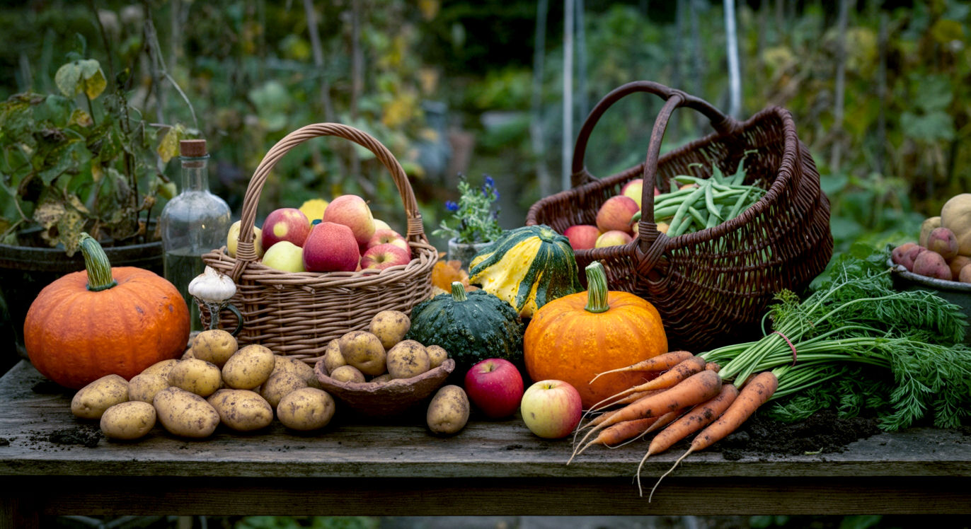 A hyper-realistic, professional photograph in the style of a Gardener's World magazine cover. A weathered wooden table in a classic British allotment, overflowing with a vibrant autumn harvest: muddy King Edward potatoes, deep orange Crown Prince squash, earthy carrots with green tops, and a traditional wicker trug filled with bright red apples and runner beans. The lighting is soft and golden, characteristic of a late September afternoon, with a slightly out-of-focus greenhouse in the background. The mood is one of abundance, satisfaction, and rustic charm.