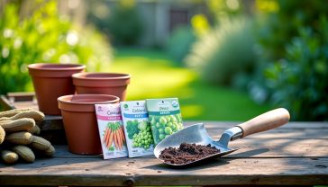 A hyper-realistic photograph in the style of a Gardener's World magazine feature. An overhead shot of a rustic wooden garden table. On the table are several terracotta pots, colourful packets of seeds (carrots, peas, lettuce), a traditional wooden-handled trowel with a little earth on it, and a pair of worn gardening gloves. The background is a soft-focus, lush green British garden in gentle spring sunlight. The mood is hopeful, inspiring, and quintessentially British.