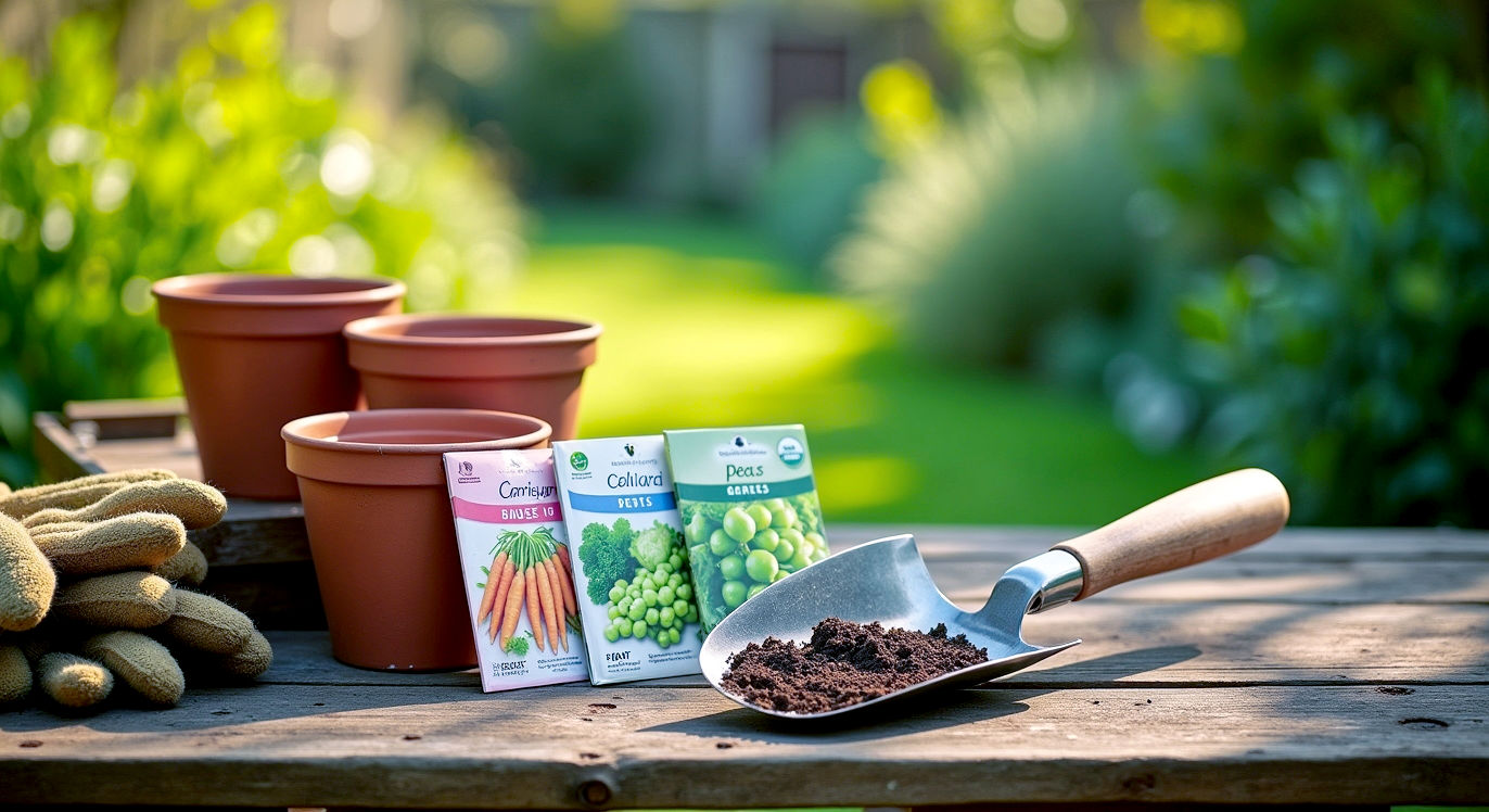 A hyper-realistic photograph in the style of a Gardener's World magazine feature. An overhead shot of a rustic wooden garden table. On the table are several terracotta pots, colourful packets of seeds (carrots, peas, lettuce), a traditional wooden-handled trowel with a little earth on it, and a pair of worn gardening gloves. The background is a soft-focus, lush green British garden in gentle spring sunlight. The mood is hopeful, inspiring, and quintessentially British.