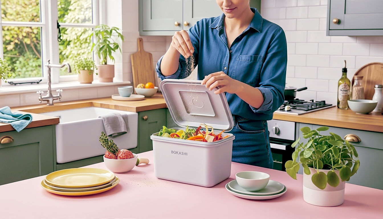 A hyper-realistic, professional photograph in the style of a Gardener's World magazine feature. The image captures a cosy, modern British kitchen with muted green cabinets and a wooden worktop. In the centre, a person's hands are sprinkling light-brown Bokashi bran over fresh food scraps in a clean, stylish grey Bokashi bin. The bin is open, showing layers of colourful vegetable peels. Soft, natural light streams in from a nearby window overlooking a lush, green garden. The mood is clean, eco-conscious, and inspiring.